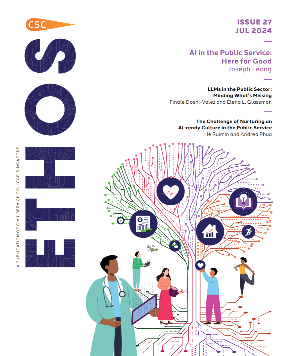 ETHOS magazine cover with medical and technological illustrations, featuring Issue 27 and topics on AI in public service.